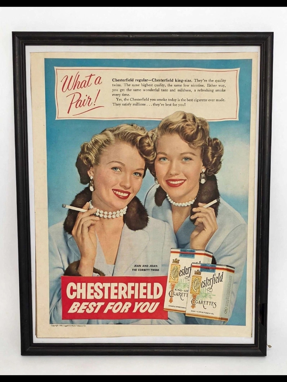 1954 Chesterfield Cigarette Corbett Twins PRINT AD "What A Pair" Jean Jones